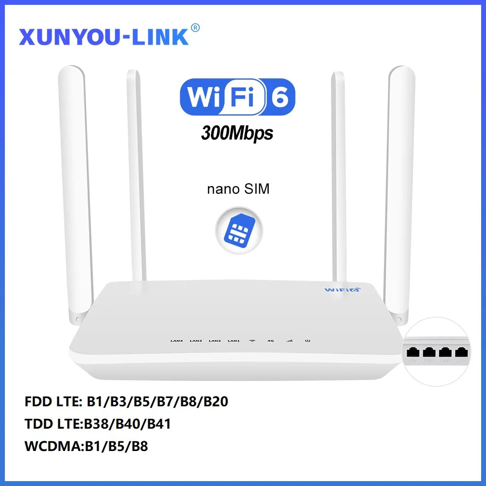 XUNYOU-LINK WiFi 6 Modem 4G LTE WIFI Router 300Mbps High Speed Support 32 Device Connection Wireless Hotspot 4G SIM Wifi Router