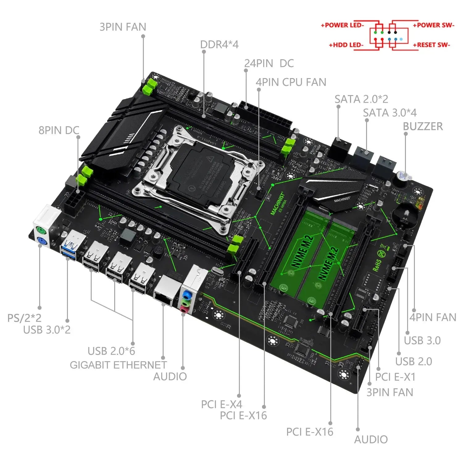 MACHINIST E5 MR9A V1.0 X99 Motherboard Support LGA 2011-3 Xeon E5 V3 V4 CPU Processor DDR4 RAM Memory ATX NVME M.2 USB3.0