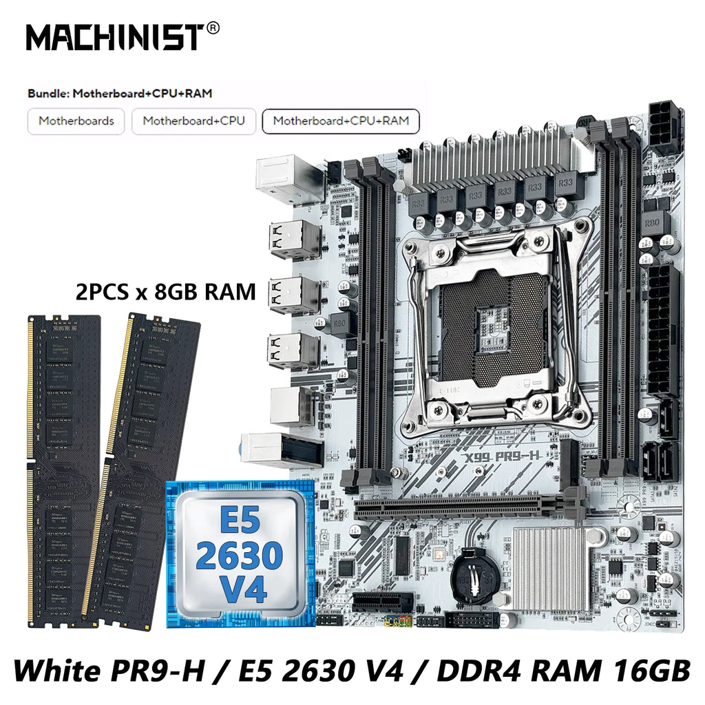 MACHINIST White X99 PR9-H Motherboard Combo Intel Xeon E5 2630 V4 LGA 2011-3 CPU DDR4 16GB RAM NVME M.2 Optional Kit Set