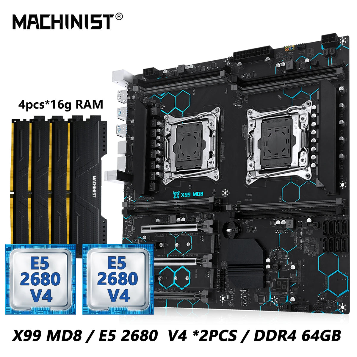 MACHINIST X99 MD8 Dual CPU Motherboard Optional Kit Set Intel Xeon E5 2680 V4 LGA2011-3 DDR4 32GB RAM C612 Chip Server Computer
